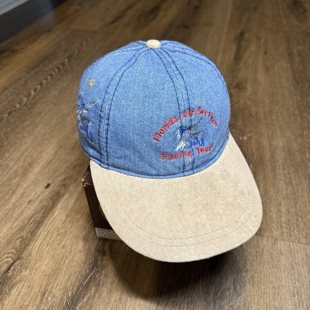 Vintage Fishing Hat Blue Jean Denim Suede Brown Marlin Sailfish Deep Sea